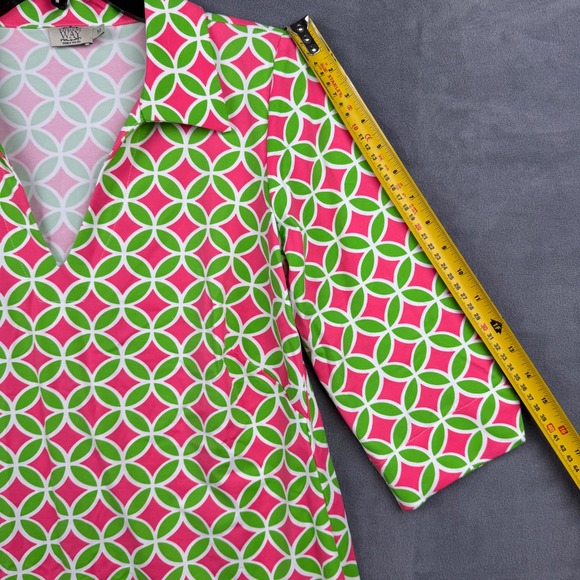 Katherine Way Tunic Top Women's Medium Pink Green Geo Print 3/4 Sleeve USA Made - Picture 6 of 8